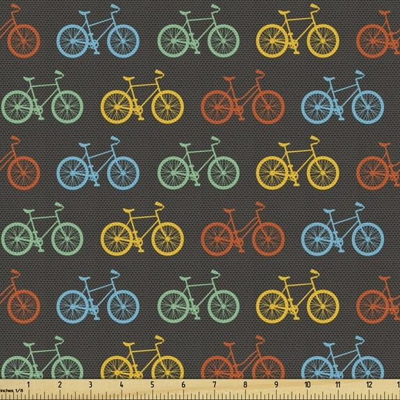 Ambesonne Bicycle Fabric by the Yard Upholstery, Colorful Bike Pattern Print, 3 Yards, Vermilion Dimgray Mustard