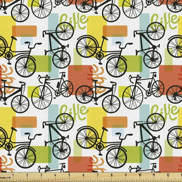 Ambesonne Bicycle Fabric by the Yard Upholstery, Geometric and Colorful, 2 Yards, Multicolor