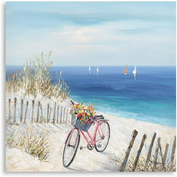 Bicycle Wall Art Beach Canvas Wall Art Bicycle Canvas Art Wall Decor Wall Art Bike Seaside Bicycle and Flower Canvas Print for Living Room Bathroom Bedroom (bicycle, 13.5"x13.5"x1panel)