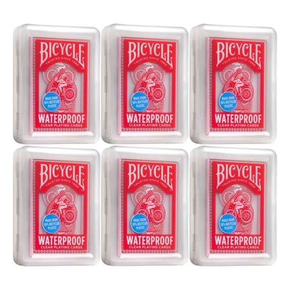 Bicycle Waterproof Clear Playing Cards - 6-Pack of Red Rider Back Plastic Decks, 30% Recycled Material, Rinseable, Perfect for Pool, Beach, Camping & Party Games
