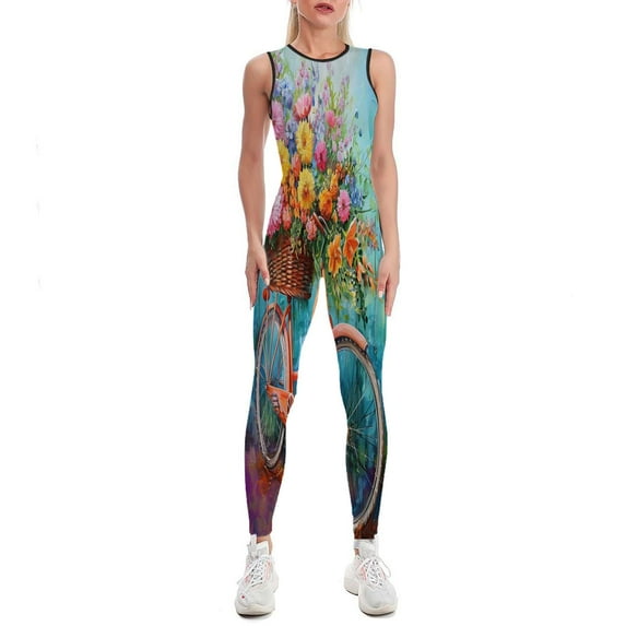 Bicycle With Basket Of Flowers Women's One Piece Yoga Jumpsuits Leggings Playsuit Gym Suit Fitness Running Athletic Clothes Gym Wear Set