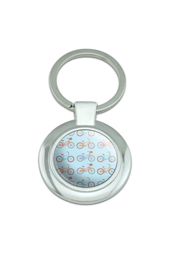 Bicycle and Bikes Pattern Keychain Classy Round Chrome Plated Metal