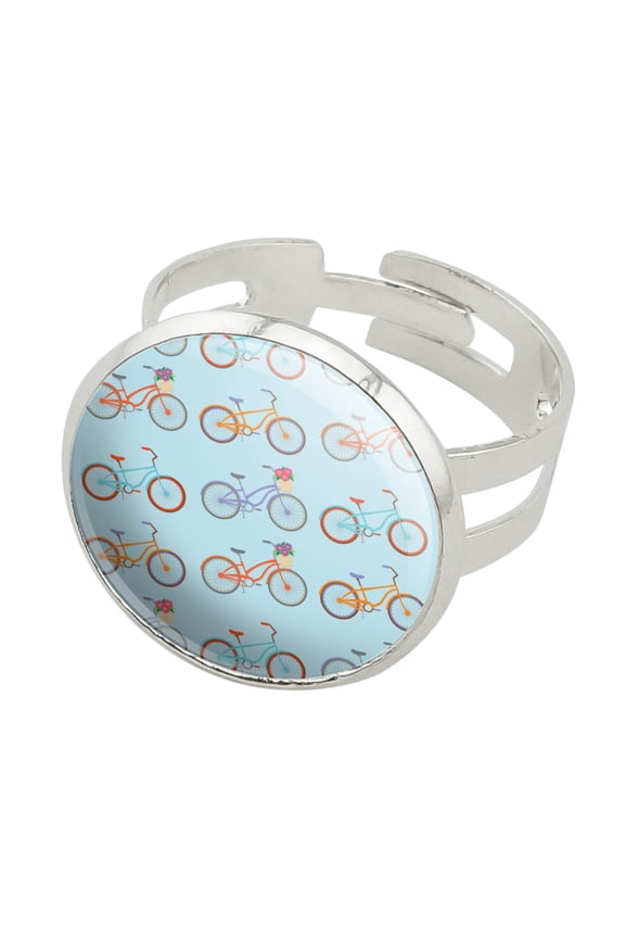 Bicycle and Bikes Pattern Silver Plated Adjustable Novelty Ring