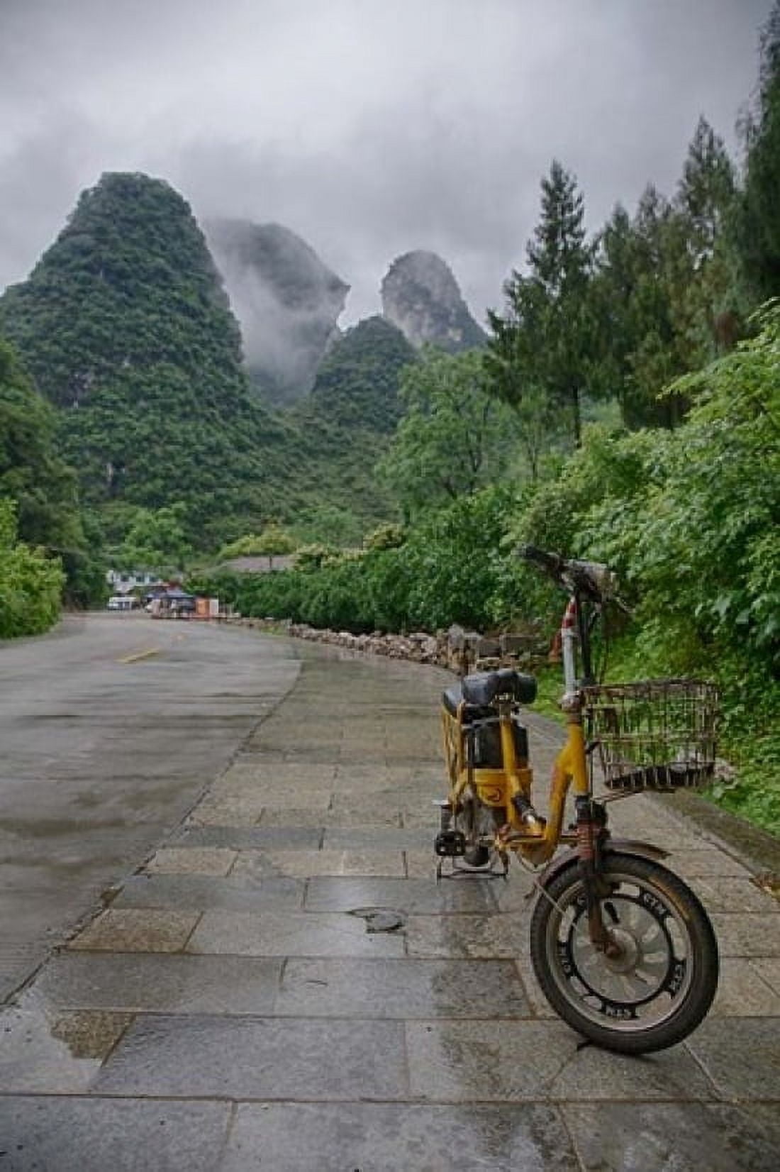 Bicycle sits in front of the Guilin Mountains Guilin Yangshuo China Canvas Art - Jaynes Gallery DanitaDelimont (11 x 17)