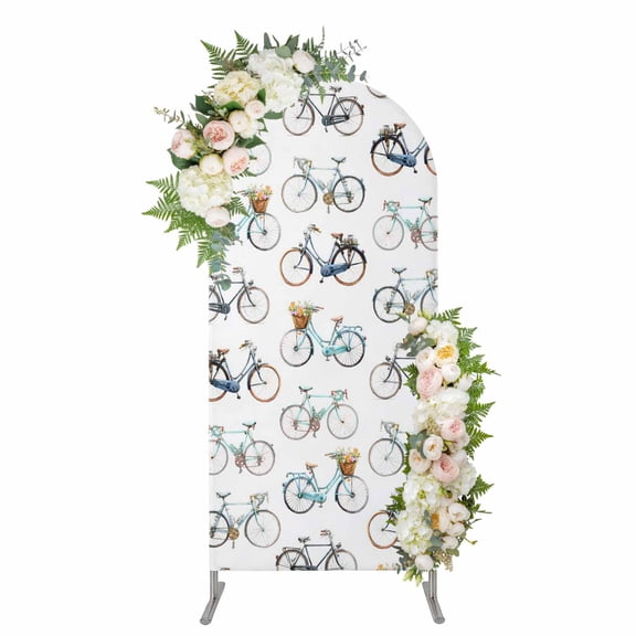 Bicycles Arch Backdrop Cover 4FT, White Vintage Vehicle Modern Abstract Art Spandex Fitted Stretchy Arch Stand Covers, Round Top Chiara Backdrop Cover for Wedding Party Birthday Baby Shower