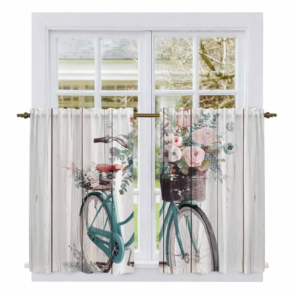 Bicycles Kitchen Curtain for Berdoom Living Room Cafe 54 Inch Length, Country Vehicle Botanical Flowers Wooden Plank Tiers Curtains Light Filtering Drapes Window Treatment 2 Panels 52"Wx54"L