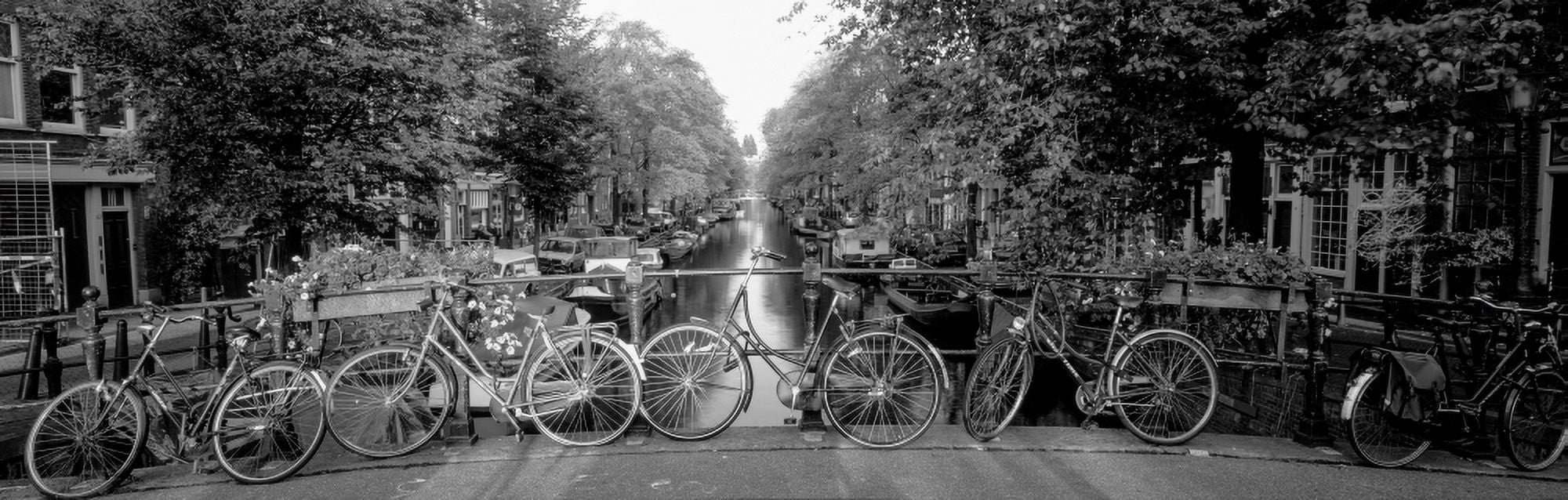 Bicycles On Bridge Over Canal Amsterdam Netherlands Canvas Art - Panoramic Images (6 x 18)
