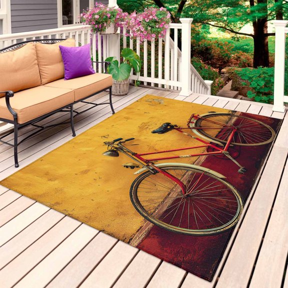 Bicycles Outdoor Rug 4x6 Ft, Non Slip Washable Area Rug, Farmhouse Vintage Vehicle Yellow Broken Walls Patio Rugs Carpet Runner, Large Floor Mat for Indoor/Outdoor Deck Porch Camping