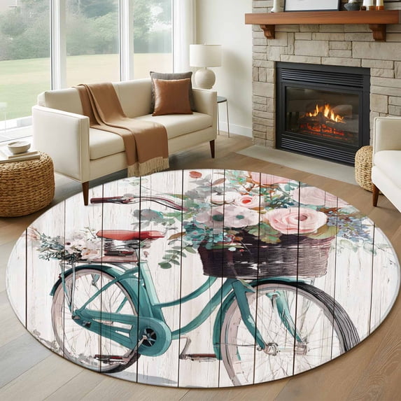 Bicycles Round Area Rug 5Ft Washable Circle Rugs for Living Room Bedroom, Country Vehicle Botanical Flowers Wooden Plank Non-Slip Carpet Floor Mats Indoor Outdoor Carpet Runner Aesthetic Home Decor