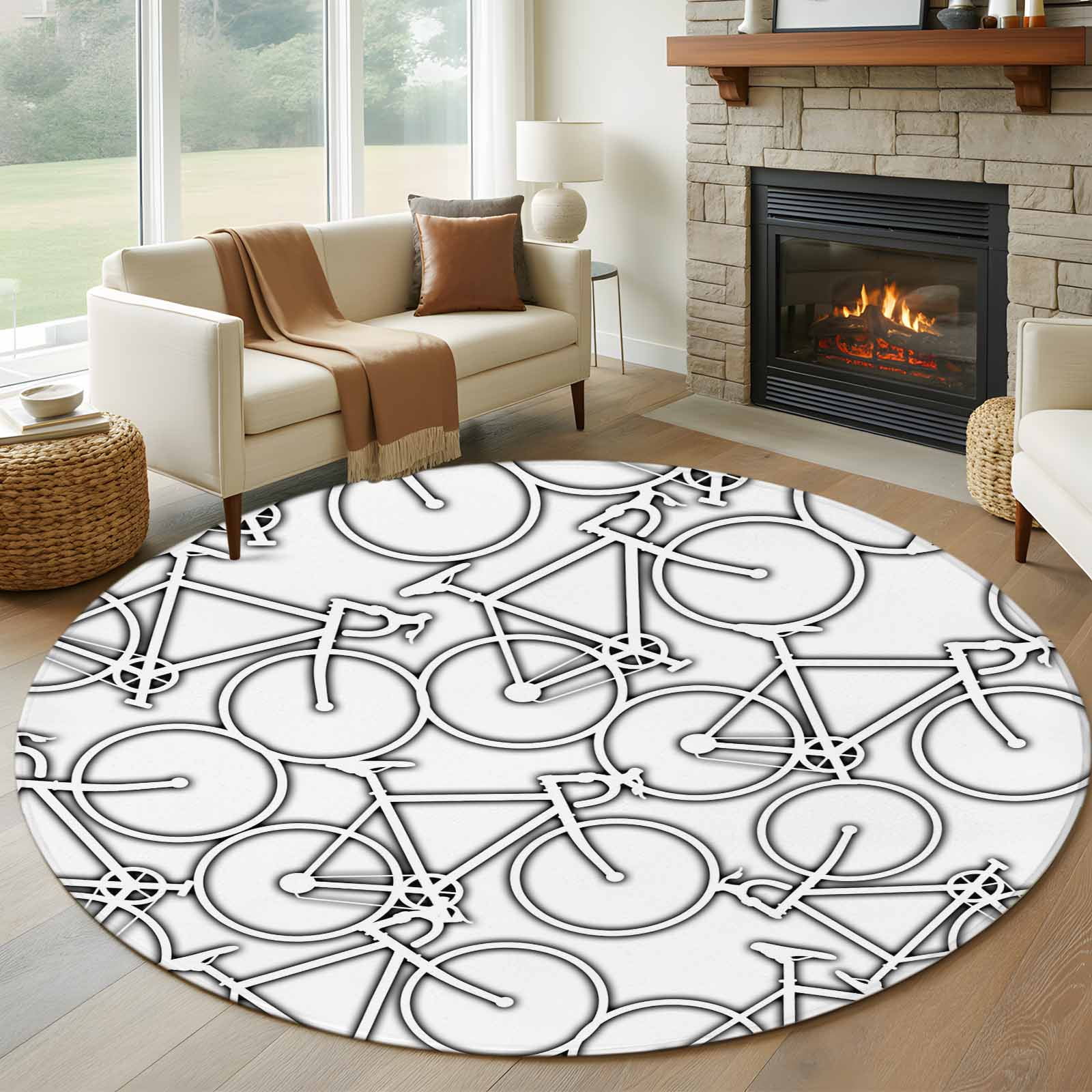 Round Rug Drawn Bicycles Round Rug 6ft Washable Circle Kitchen Rugs Non Slip Modern ...