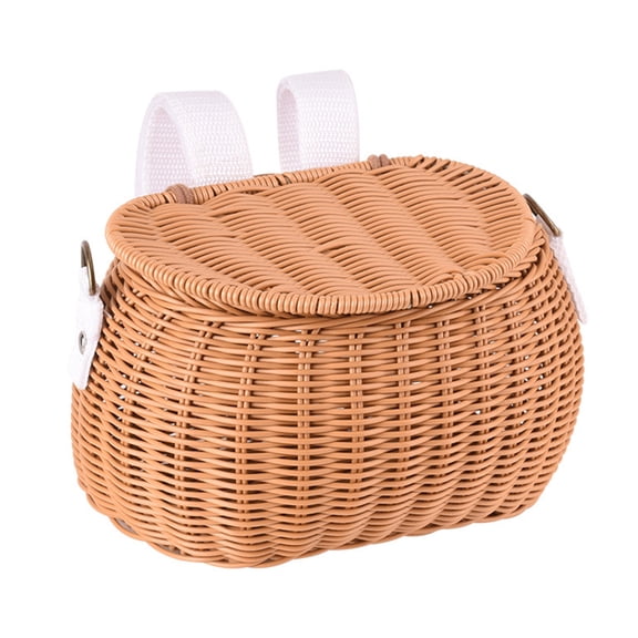 Bicycles Wicker Basket Front Handlebars Basket with Belt and Lid Plastic Wovens Bikes Basket for Kids Bikes, Scooter