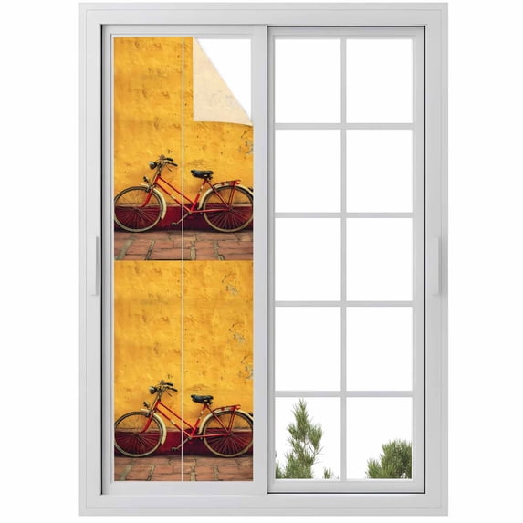 Bicycles Window Privacy Film, Farmhouse Vintage Vehicle Yellow Broken Walls Static Cling UV Sun Blocking Heat Control Window Tint Day and Night, Non-Adhesive One Way Privacy Cover 17.7''x78.7''