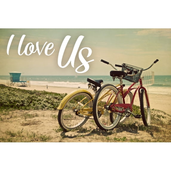 Bicycles and Beach Scene, I Love Us (12x18 Wall Art Poster, Room Decor)