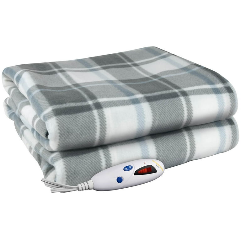 Biddeford Comfort Knit Fleece Electric Heated Warming Throw Blanket Grey Cream Blue Plaid for Adults Walmart
