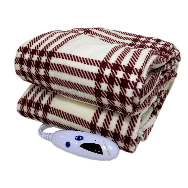 Biddeford Microplush Heated Throw, Cream Red Plaid, 6 Heat Settings, AutoOff, Washable