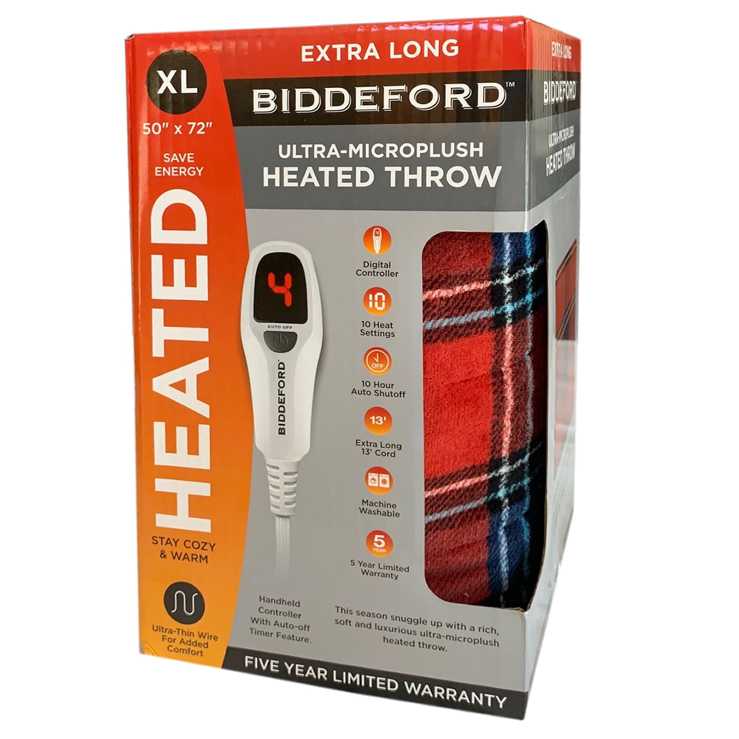 Biddeford UltraMicroplush Heated Blanket Throw, 50" x 72" Extra Long