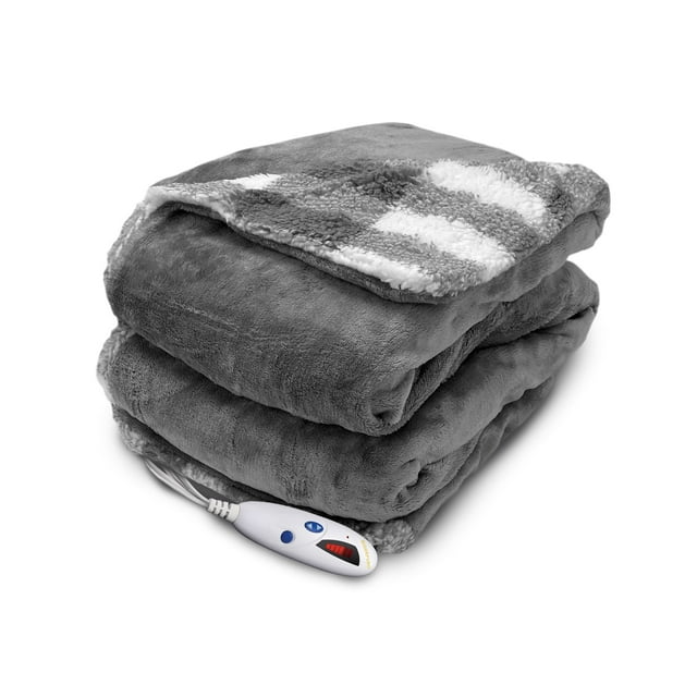 Biddeford Velour Sherpa Electric Heated Warming Throw Blanket Grey