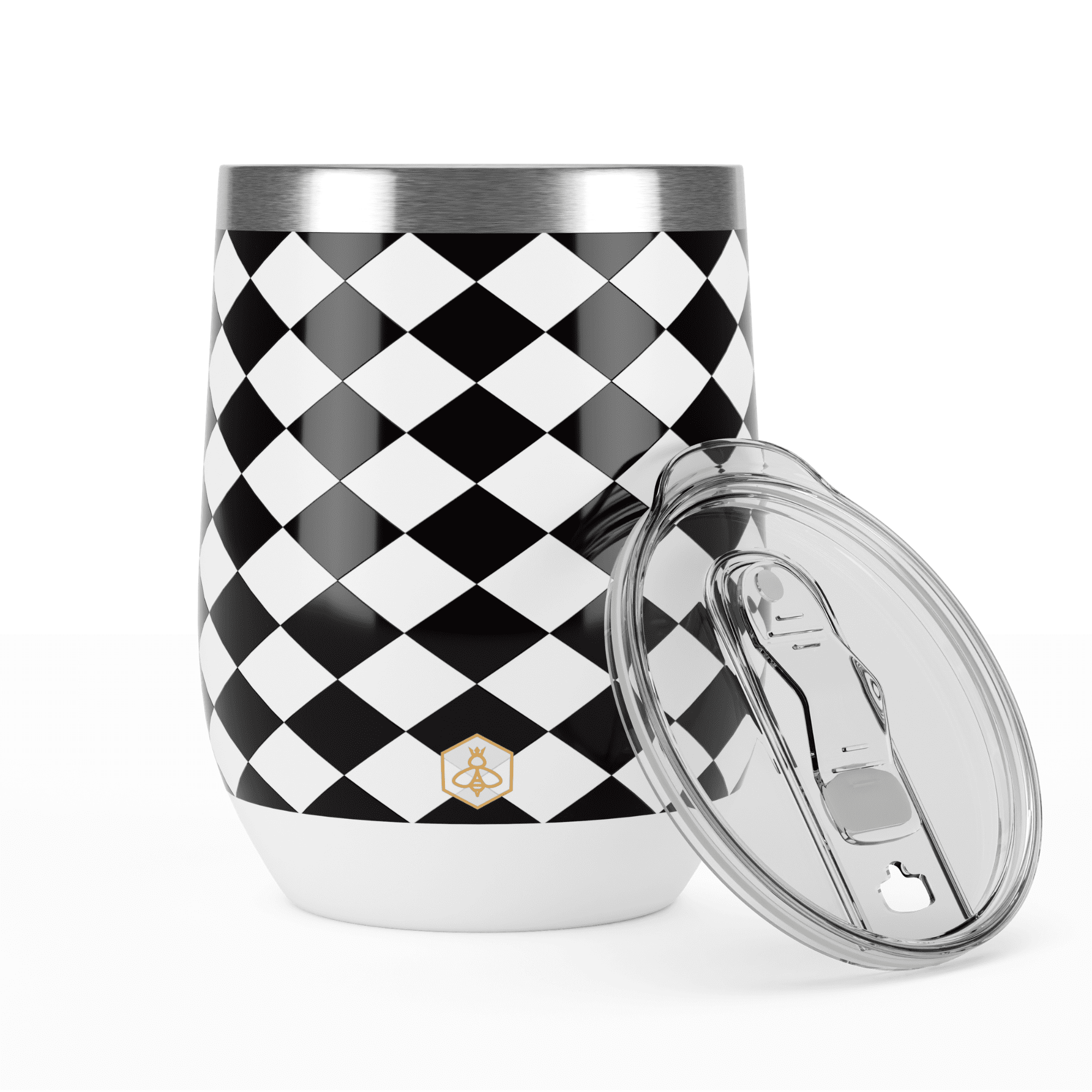 Biddlebee 12oz Stainless Steel Insulated Wine Tumbler, Black & White Check