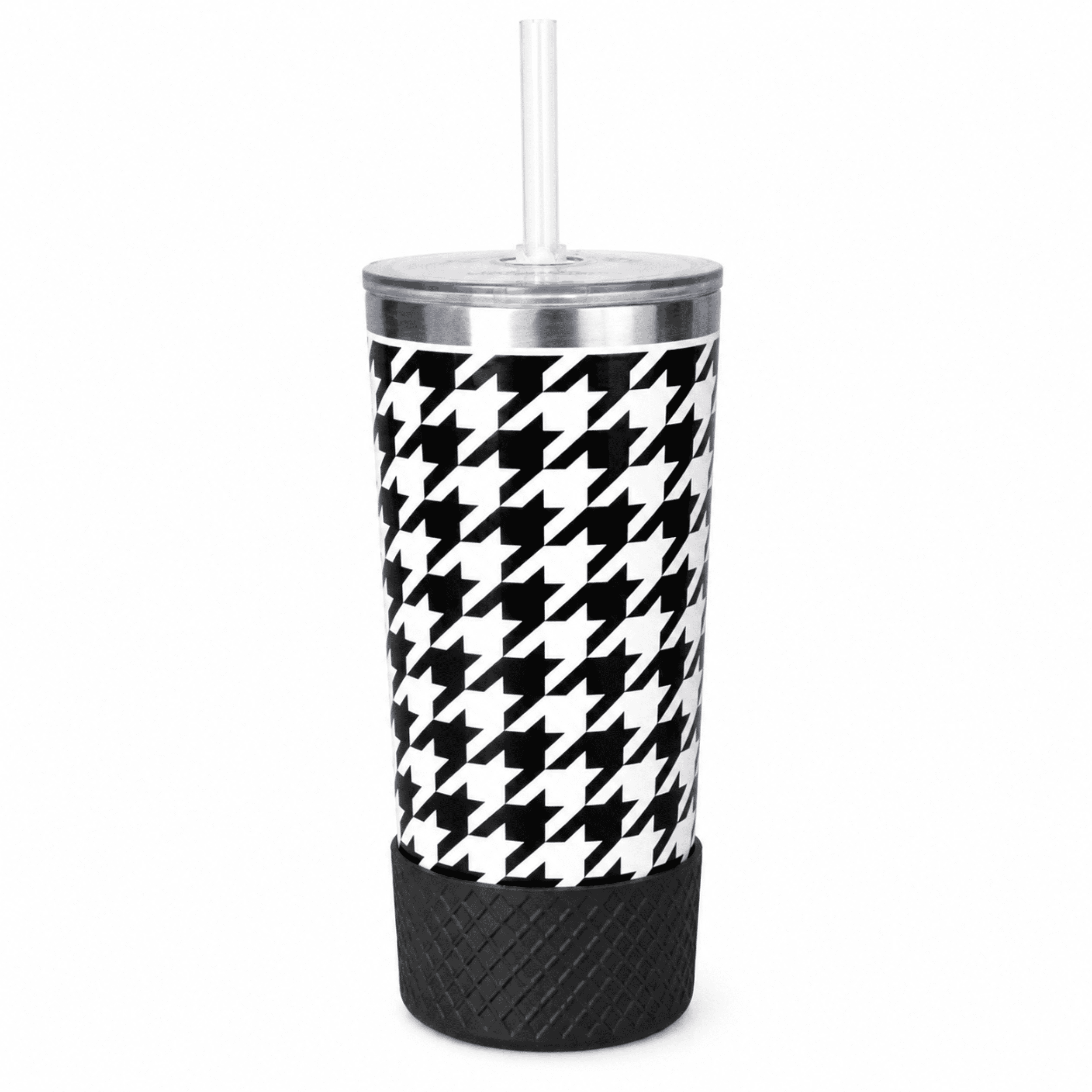 Biddlebee 20oz Insulated Stainless Steel Tumbler with Straw and Silicone Boot, Black & White Check