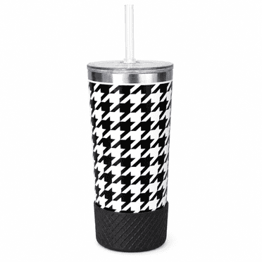 Biddlebee 20oz Insulated Stainless Steel Tumbler with Straw and Silicone Boot, Black & White Check