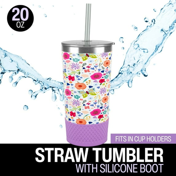 Biddlebee 20oz Insulated Stainless Steel Tumbler with Straw and Silicone Boot, Garden Blooms