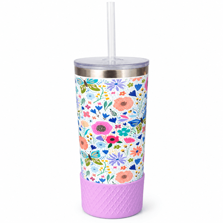 Biddlebee 20oz Insulated Stainless Steel Tumbler with Straw and Silicone Boot, Garden Blooms