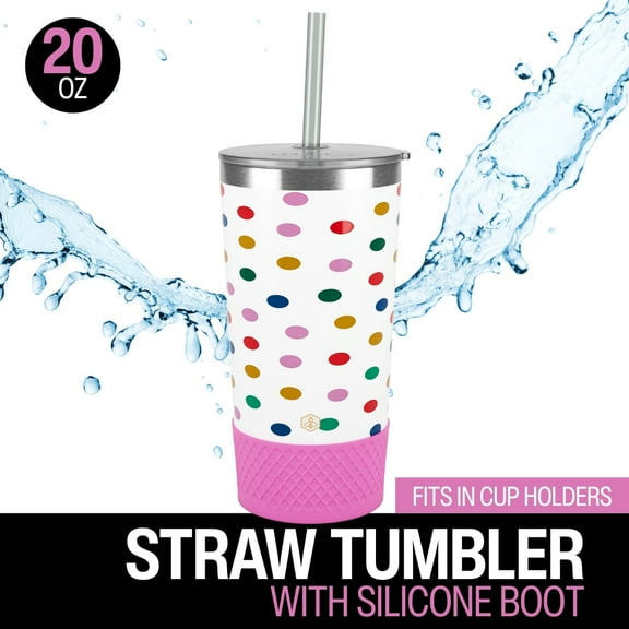 Biddlebee 20oz Insulated Stainless Steel Tumbler with Straw and Silicone Boot, Happy Dots
