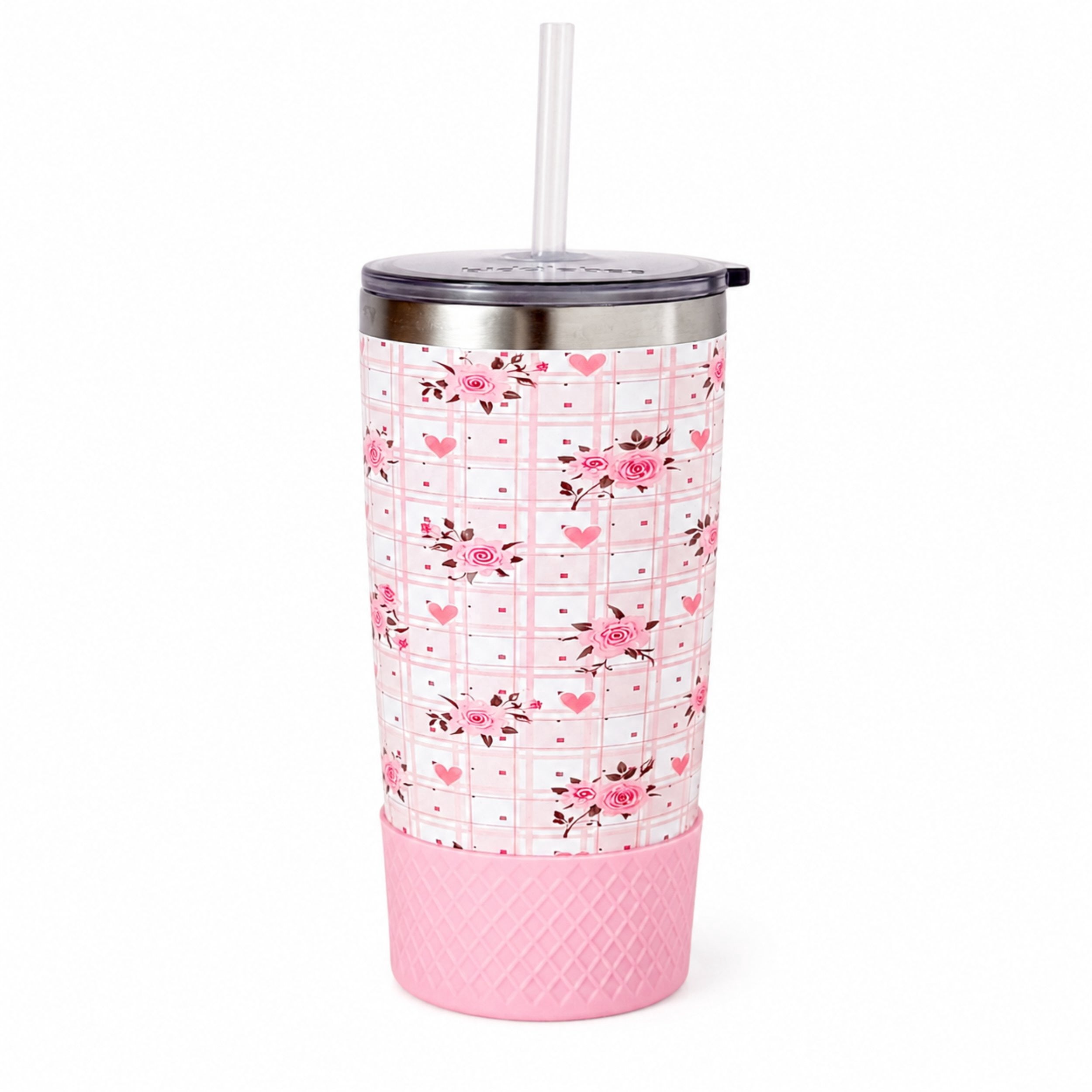 Biddlebee 20oz Insulated Stainless Steel Tumbler with Straw and Silicone Boot, Pink Roses