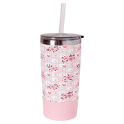 Biddlebee 20oz Insulated Stainless Steel Tumbler with Straw and Silicone Boot, Pink Roses