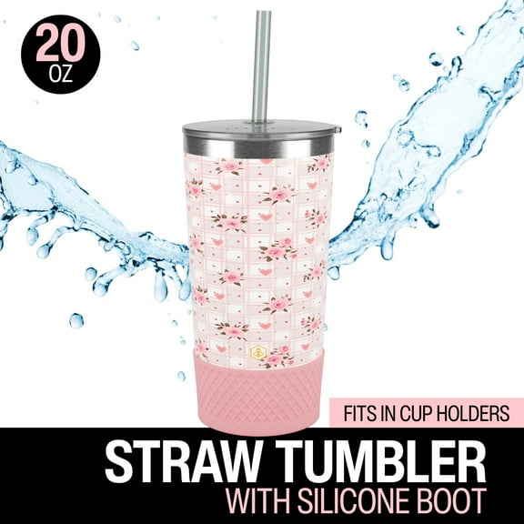 Biddlebee 20oz Insulated Stainless Steel Tumbler with Straw and Silicone Boot, Pink Roses