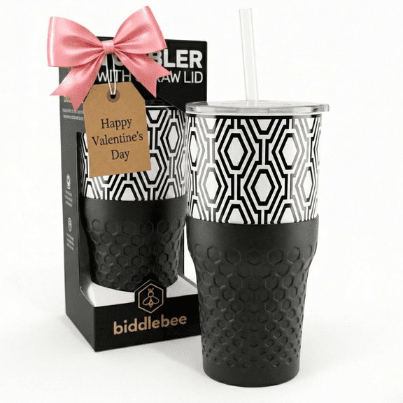 Biddlebee 30oz Insulated Stainless Steel Tumbler with Straw and Silicone Boot, Black & White Check