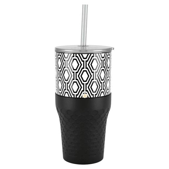 Biddlebee 30oz Insulated Stainless Steel Tumbler with Straw and Silicone Boot, Black & White Check