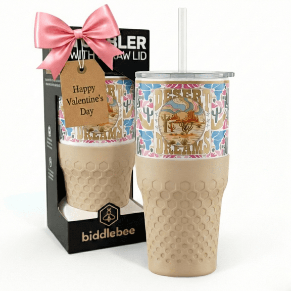 Biddlebee 30oz Insulated Stainless Steel Tumbler with Straw and Silicone Boot, Desert Dreams