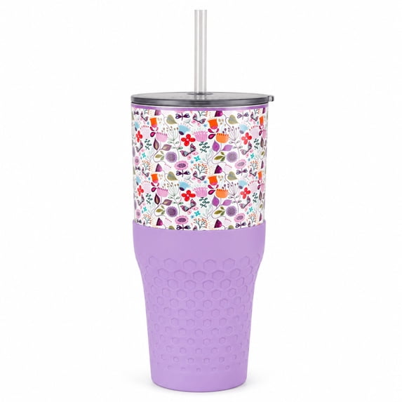 Biddlebee 30oz Insulated Stainless Steel Tumbler with Straw and Silicone Boot, Garden Blooms