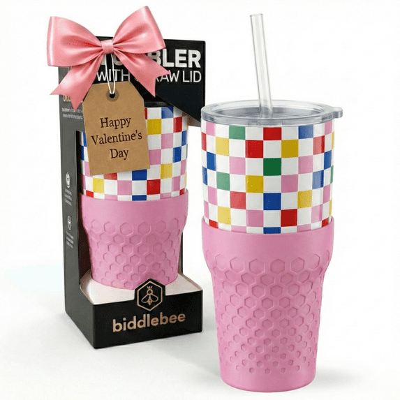 Biddlebee 30oz Insulated Stainless Steel Tumbler with Straw and Silicone Boot, Happy Check