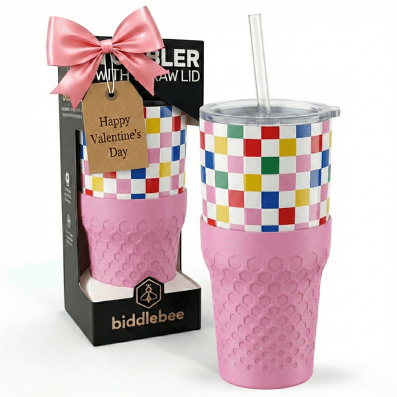 Biddlebee 30oz Insulated Stainless Steel Tumbler with Straw and Silicone Boot, Happy Check