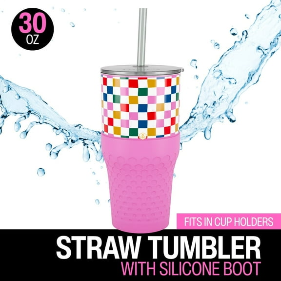 Biddlebee 30oz Insulated Stainless Steel Tumbler with Straw and Silicone Boot, Happy Check