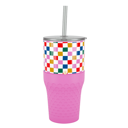 Biddlebee 30oz Insulated Stainless Steel Tumbler with Straw and Silicone Boot, Happy Check