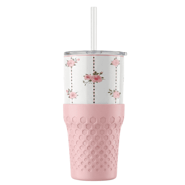 Biddlebee 30oz Insulated Stainless Steel Tumbler with Straw and Silicone Boot, Pink Roses