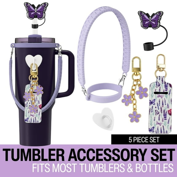 Biddlebee Tumbler Accessory Set with Water Bottle Handle, Straw Topper, Charm Hook & Lip Balm Holder, Purple