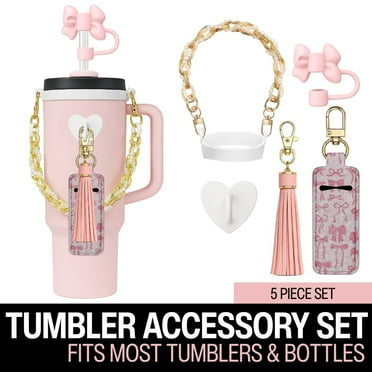 Biddlebee Tumbler Accessory Set with Water Bottle Handle, Straw Topper, Charm Hook & Lip Balm Holder, Pink Pearl