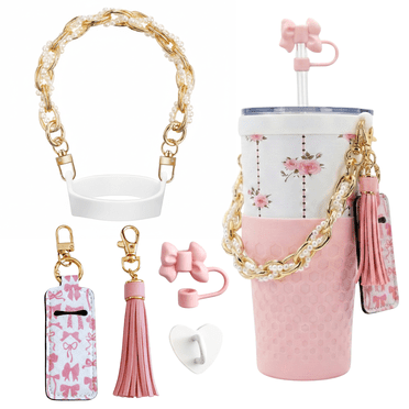 Biddlebee Tumbler Accessory Set with Water Bottle Handle, Straw Topper, Charm Hook & Lip Balm Holder, Pink Pearl