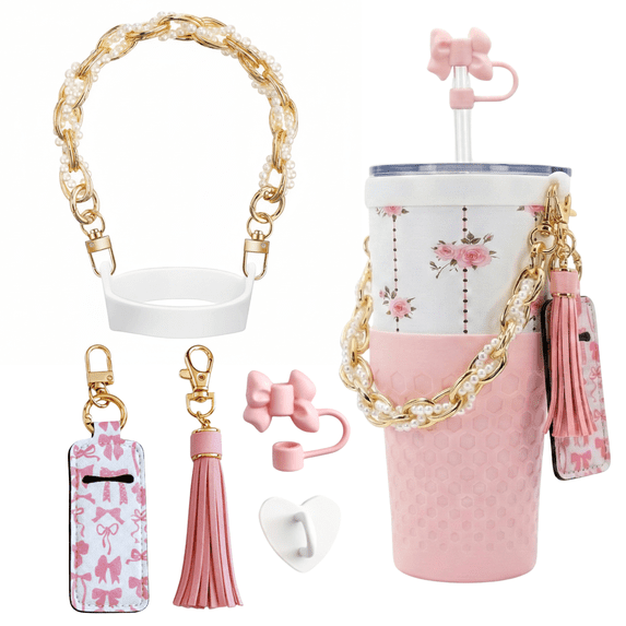 Biddlebee Tumbler Accessory Set with Water Bottle Handle, Straw Topper, Charm Hook & Lip Balm Holder, Pink Pearl