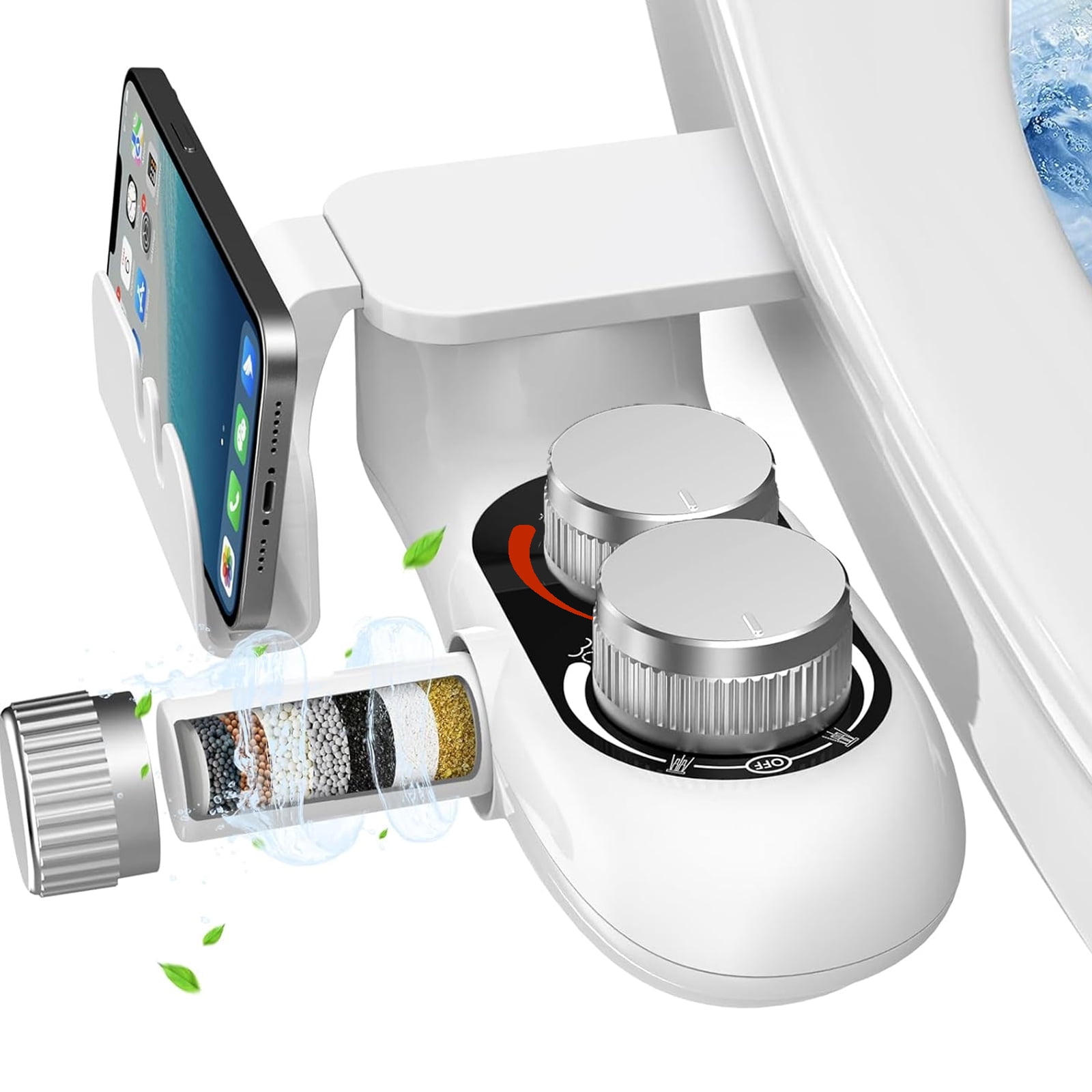 Bidet Attachment for Toilet with Filters, Non-Electric Self-Cleaning Dual Nozzle Bidet Toilet Seat with Temperature & Water Pressure Controls, Rear and Feminine Wash, White