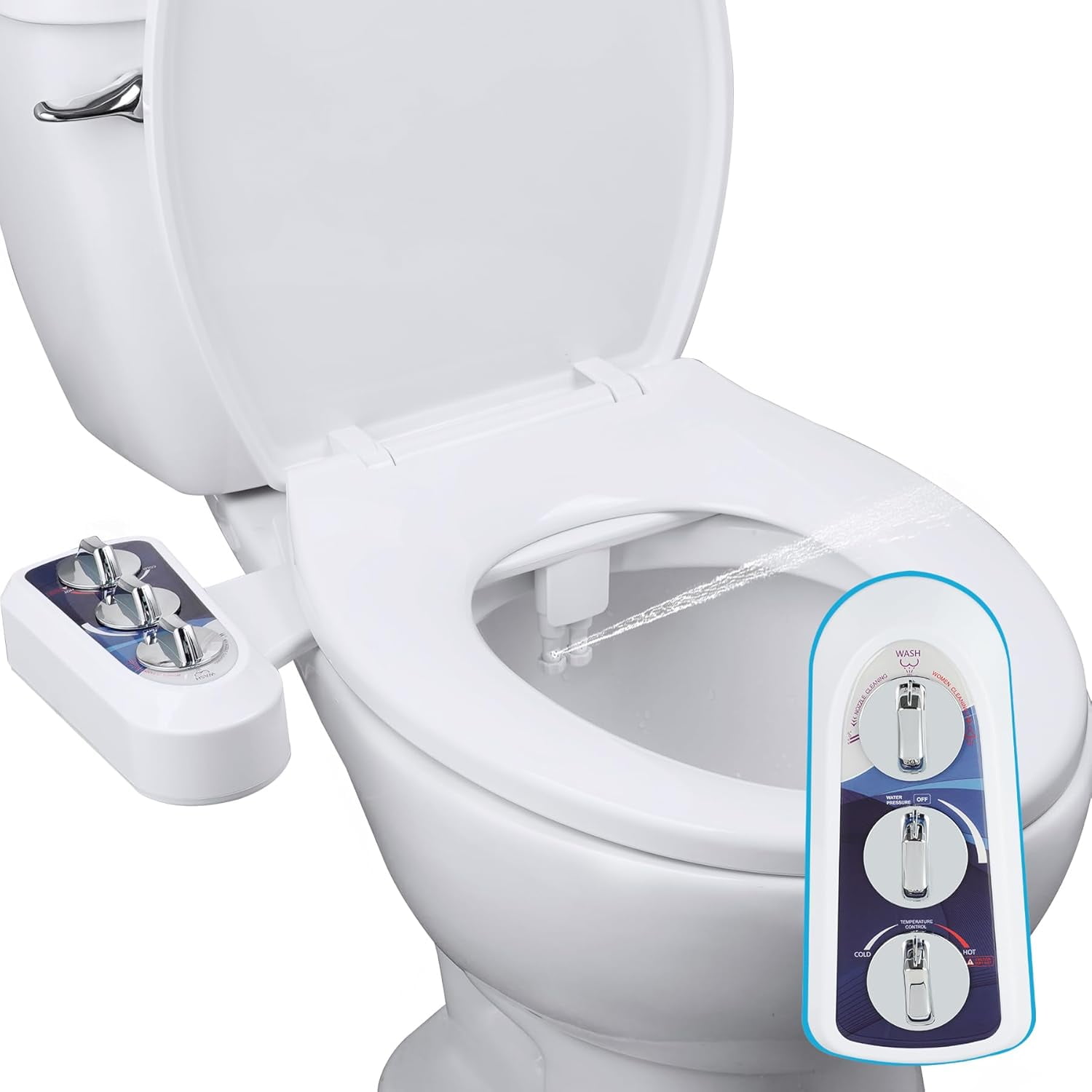 Bidet Attachment for Toilet with Self Cleaning Dual Nozzle, Hot and Cold Water  Non- Mechanical Toilet Seat Bidet for Rear or Female Washing Sanitizing, Blue