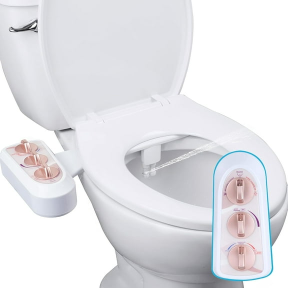 Bidet Attachment for Toilet with Self Cleaning Dual Nozzle, Hot and Cold Water  Non- Mechanical Toilet Seat Bidet for Rear or Female Washing Sanitizing, Rose