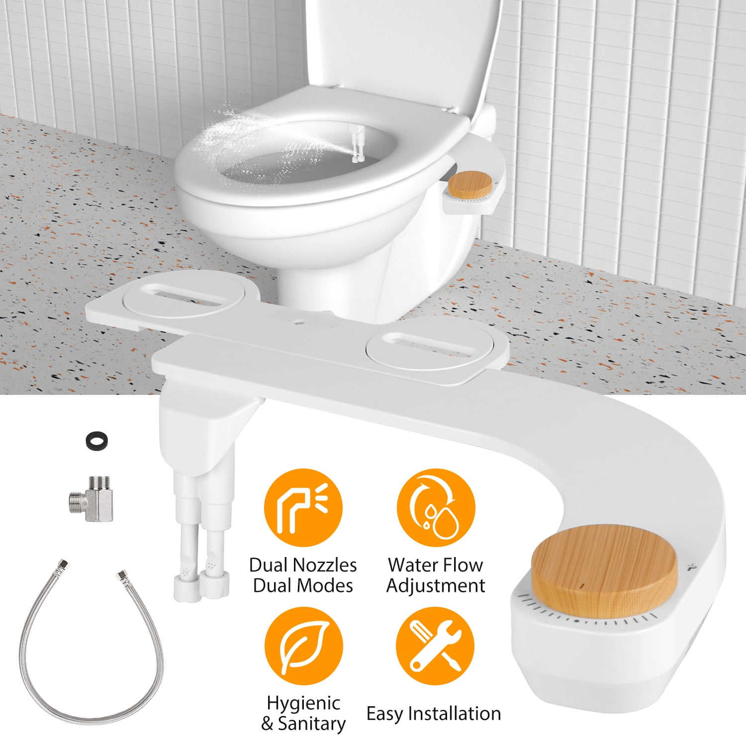 Bidet Attachment TeqHome Non-Electric Fresh Water Bidet Sprayer ABS+Stainless Steel Toilet Seat Attachment with Dual Nozzles Water Flow Control White