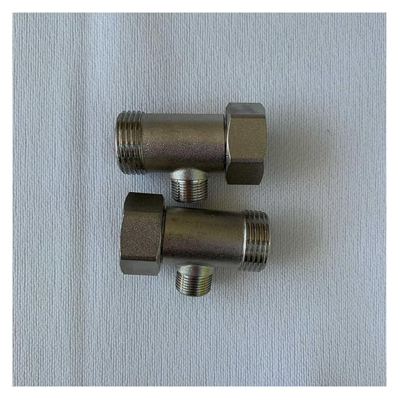 Bidet T-Adapter 2-Pack: 7/8-inch brass connectors (male to female & 3/8-inch pipe thread), chrome finish. 7/8" to 7/8" to 3/8" adapters, 2.0 version.