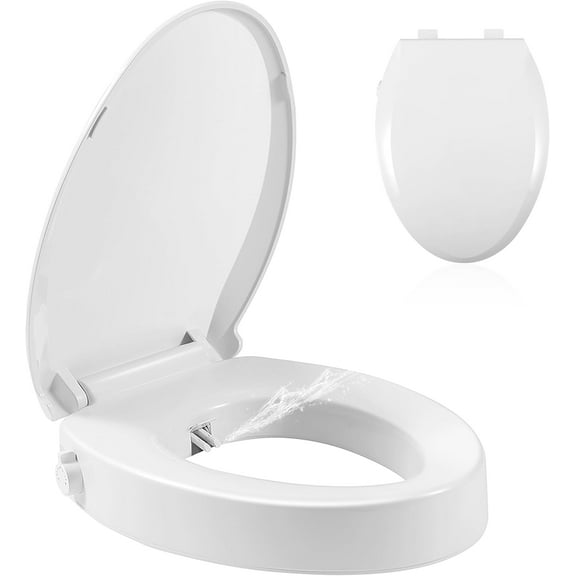 Bidet Toilet Seat Elongated, Raised Toilet Seat with Bidet Adjustable Water Pressure with Dual Nozzles, Non-Electric Bidet Toilet Seat Risers for Seniors (Ambient Water), White