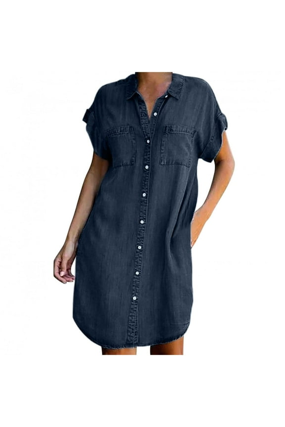 Women Summer Casual Plus Size Dresses Solid Color Lapel Collar Short Sleeve Jean Dress Button Down Straight Denim Mini Loose Dress with Pockets